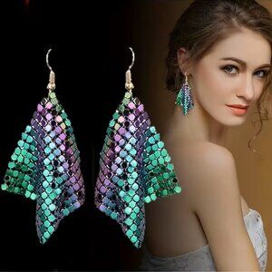 Beautiful Mermaid Color Mesh Chain Sequin Tassel Earrings Z127